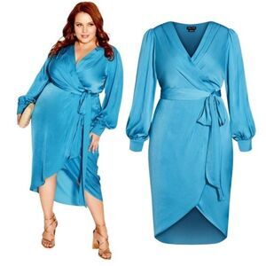 New! City Chic Opulent Faux Wrap Peacock Blue Cocktail Party Midi Dress